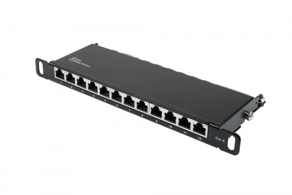 Patchpanel 10" Cat. 6, 12-Port, 0,5 HE, STP geschirmt, werkzeugloses Öffnen, Tiefschwarz (RAL9005), Good Connections®