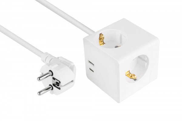 kabelmeister® Steckdosenwürfel mit 2m Zuleitung, 3x Schutzkontakt-Buchse, USB-C™ (20W, PD 3.0) und USB-A Buchse (18W), weiß