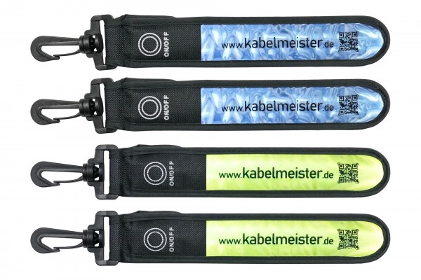 kabelmeister® LED-Leuchtband / Blinklicht mit Befestigungshaken, reflektierend - 4er Set - 2x blau + 2x grün/gelb