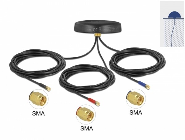 Multiband LTE UMTS GSM GNSS Antenne 3 x SMA Stecker omnidirektional Dachmontage schwarz outdoor, Delock® [12717]